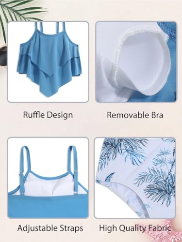 Girls Tankini Swimsuit Set - Ruffle Two Piece Swimwear, Lake Blue, 15 Years