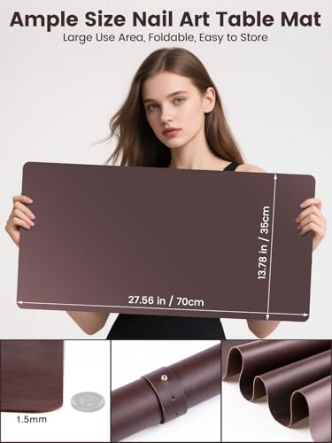 Beloving Foldable Nail Art Table Mat Dark Brown, Microfiber PU Leather Manicure Desk Pad