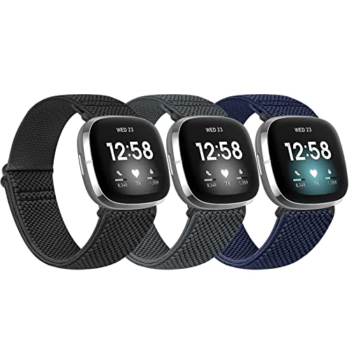 Elastic Nylon Watch Bands - 3 Pack for Fitbit Versa 4/3/Sense - Black, Gray, Indigo