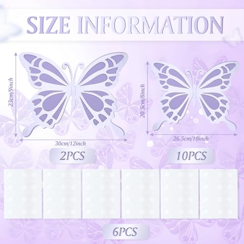 12 Pcs Large Butterfly Party Decoration 3D Butterfly Wall Decor, 2 Sizes Big Paper Butterfly Cutouts Stickers for Birthday Party Baby Shower Bedroom Wedding, Silver and Purple