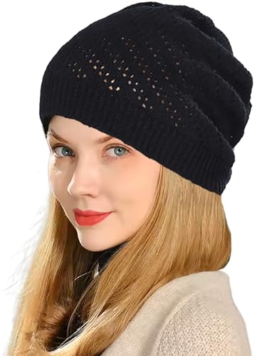 Lightweight Crochet Beanie Hat for Women - Black, Medium