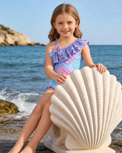 Girls Ruffle One-Piece Swimsuit with Bow - Adjustable Straps - Deep Purple 4-5T