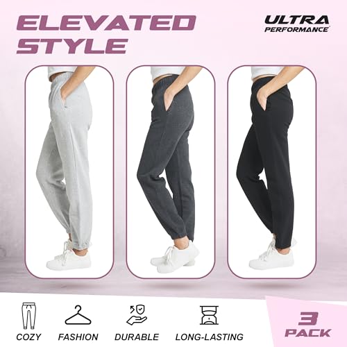 Ultra Performance Women’s Fleece Joggers 3 Pack Medium Black Charcoal Heather Grey