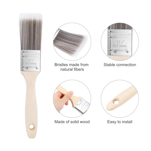 HARFINGTON 2pcs Paint Brushes 1.5" Flat Paint and Chip Brushes with Wooden Handle for DIY Paint Flat Art Furniture Fences Deck Wall Trim, Brown