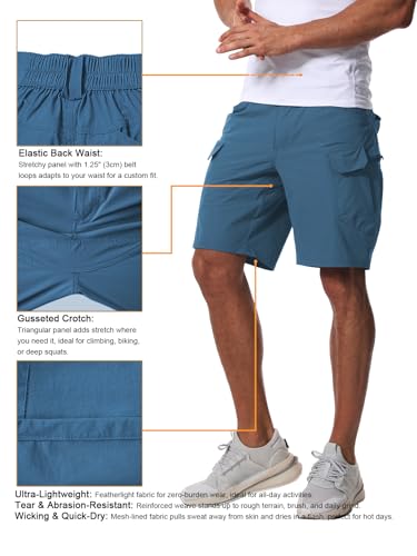 Autwitua Men's 9" Blue Cargo Shorts Lightweight Hiking Shorts with Pockets - No Belt, Size 34