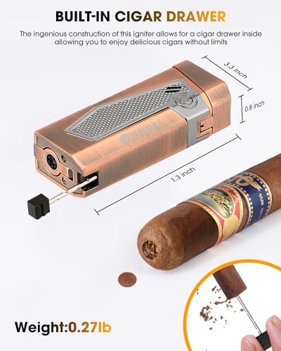 FANKAI Bronze 4 Jet Torch Flame Cigar Lighter with Punch & Holder, Windproof Refillable
