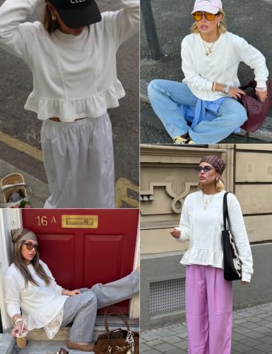 Watashi Women Ruffle Peplum Hem Cotton Pullover Sweatshirt - Medium White