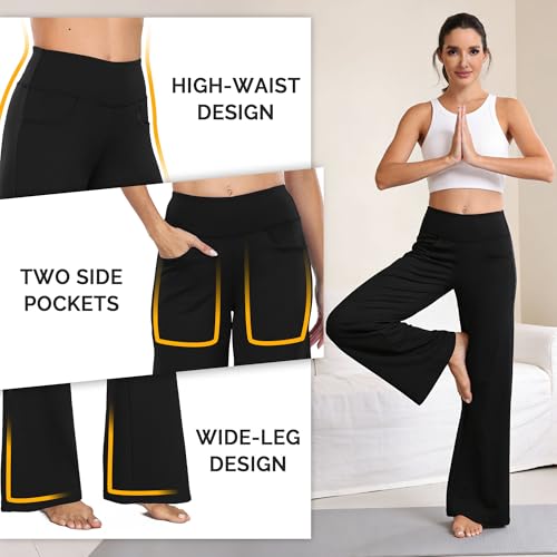 CADMUS High Waist Yoga Pants Women - Wide Leg with Pockets, 31" Inseam, Medium, Black