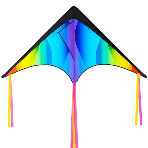 Large Delta Kite - Gradient Rainbow Easy Flyer for Kids & Adults