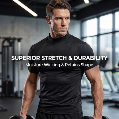 Men Short Sleeve Mock Neck T-Shirt Black Medium - Stretchy Sports Tee