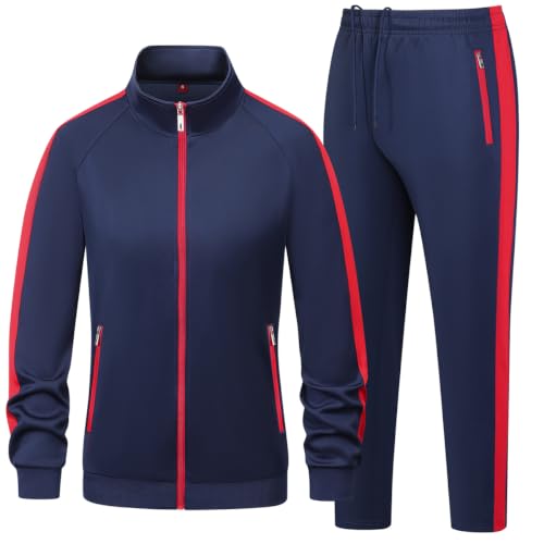 Women's Blue Red Large Long Sleeve Athletic Tracksuit Set - Full Zip Sweatsuit for Women