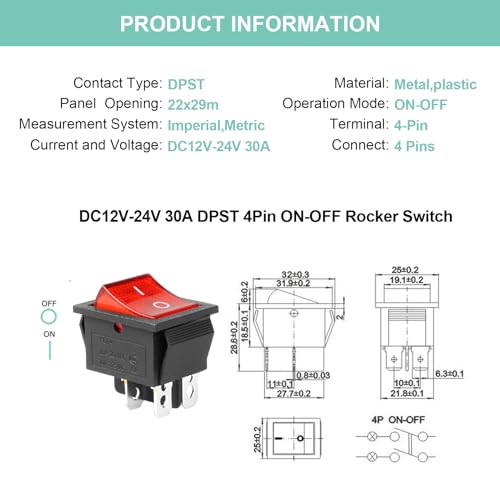 DC 12V-24V 30A Toggle Switch with Red LED Light - 2Pcs