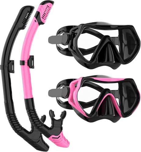 Snorkeling Gear Set for Adults - Anti Fog Goggles & Dry Snorkel - Black+Pink