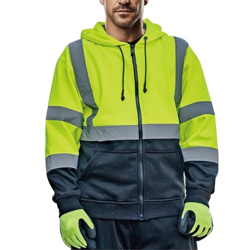 High Visibility Hoodie for Men, Class 3 Reflective Zippered Hoodie Sweatshirt, Construction Work Safety Jacket