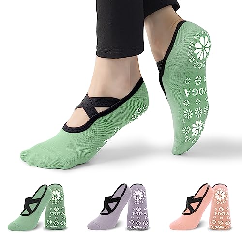 Non-Slip Pilates Yoga Socks for Women - 3 Pairs Purple, Pink & Green