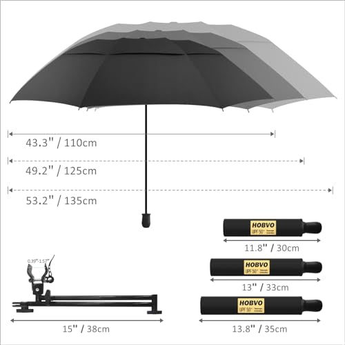 UPF 50+ Golf Umbrella with Adjustable Clamp - Black, 43.3"