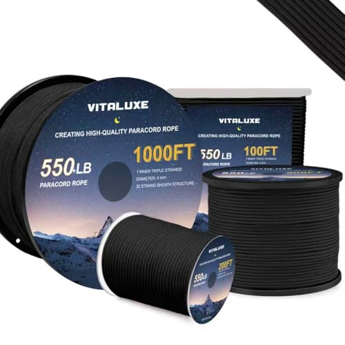 VITALUXE 4mm Black Paracord 550lb, 100FT Triple Strands for Camping & DIY