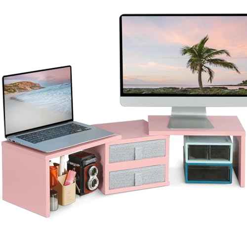 TEAMIX Pink Dual Monitor Stand Riser with 2 Drawers - Length and Angle Adjustable Double Corner Desk Shelf Organizer 37 inch for 2 Laptop/PC/Screen/TV (2 Drawers - 8''H)