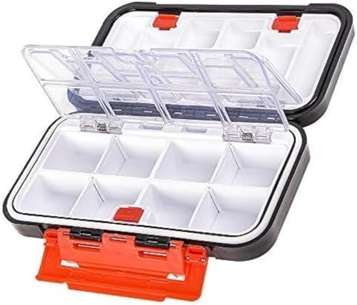 Fishing Tackle Storage Box - Double Sided Waterproof, 16 Compartments - Black