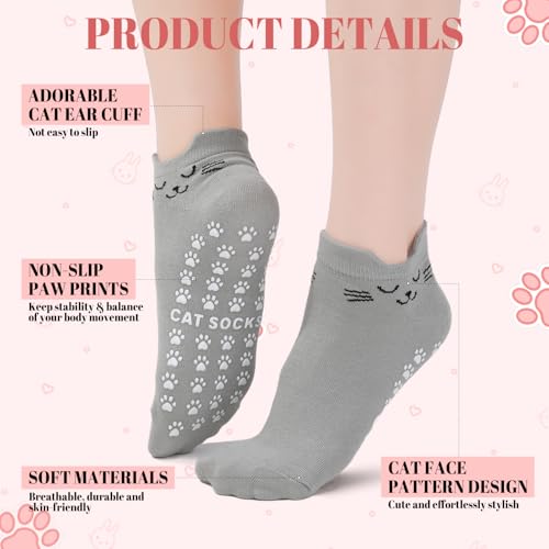 Cute Non-Slip Cat Pilates Ankle Socks for Women - 6 Pairs, One Size