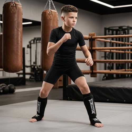 Be Smart Kids Muay Thai Shin Guards Instep Guard XXXS Black (3-8 Years) - MMA Sparring Gear