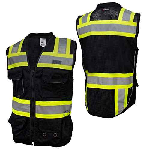 SU500B Premium Surveyors Class 1 Black Heavy Duty Vest, Tablet Pockets & Neck Padding | 100% Polyester Optimal Breathability | Contrasting Reflective | Meets ANSI Standards