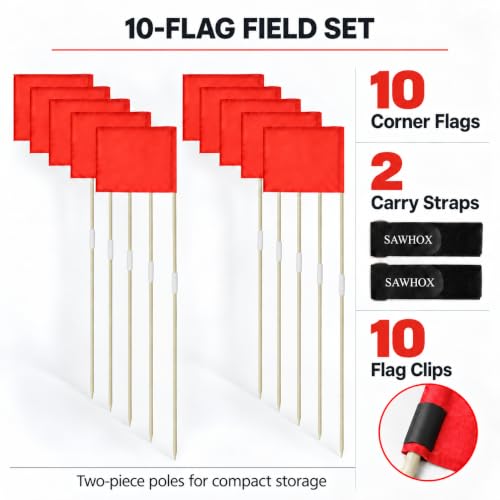 Red Soccer Corner Flags Set of 10 - 67-Inch Fiberglass Field Flags with Ground Insert, For Soccer & Sports Fields - SAWHOX