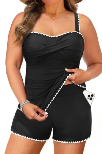 Plus Size Tankini with Pockets and Tummy Control - Strapless Swimsuit with Shorts, Aqua Eve, Black/White, 20 Plus