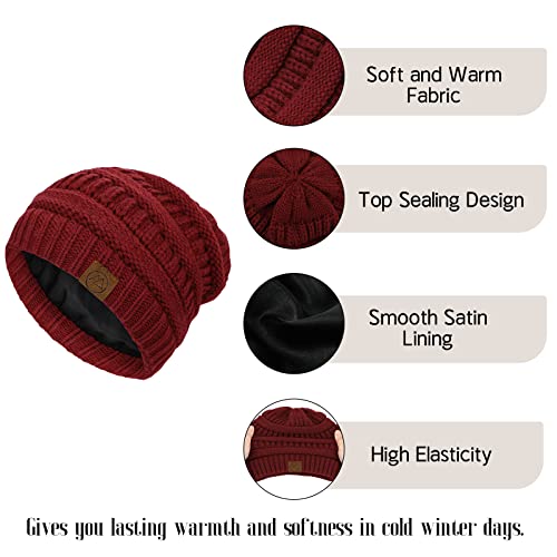 Satin Lined Beanie for Women - Warm Knit Cuffed Hat - Army Green