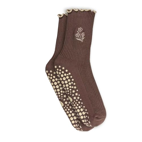 3 Pairs Non-Slip Pilates Grip Socks for Women - Coffee Flower Ruffle