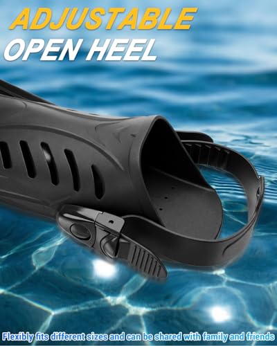 Adjustable Diving Fins for Adults - Open Heel Swim Flippers - Black L/XL