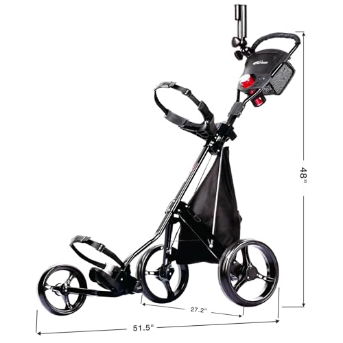 3-Wheel Golf Push Cart with Foot Brake & Storage Bag - Black/Black