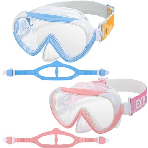 EXP VISION Kids 180° Panoramic Anti-Fog Dive Mask with Nose Cover - 2PCS Blue+Pink, Leak-Proof for Ages 4-14