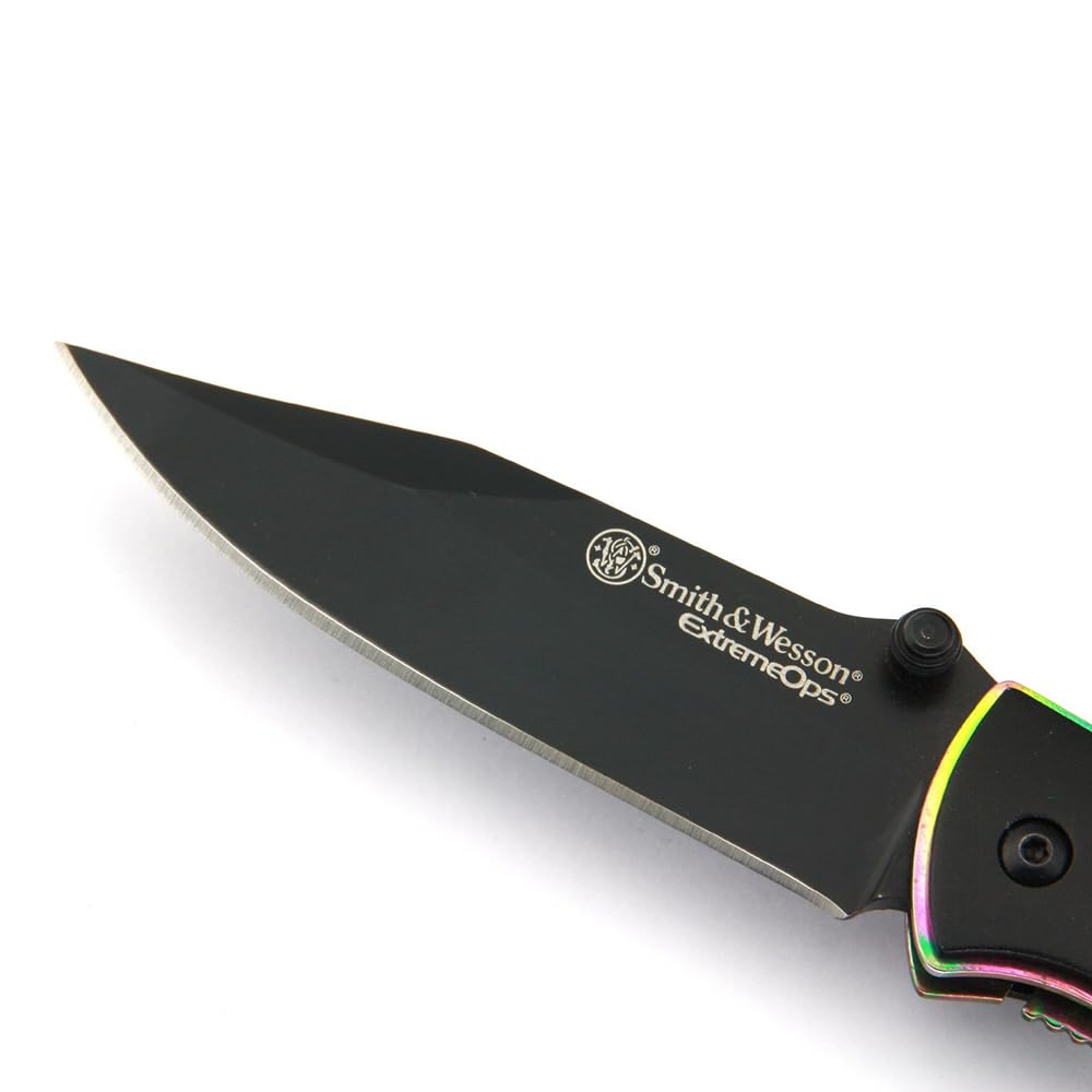Smith & Wesson Extreme Ops CK113 6.4in S.S. Folding Knife with a 2.7in Clip Point Blade and Iridescent Handle for Outdoor, Tactical, Survival and EDC