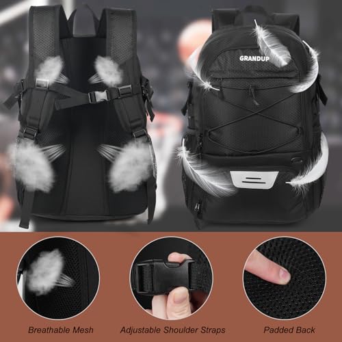 Grandup Basketball Backpack Black Honeycomb with Ball & Shoe Compartments, 28L Sports Bag