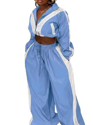 Ophestin Women’s Two-Piece Track Set - Light Blue Bomber Jacket & Wide-Leg Pants XX-Large