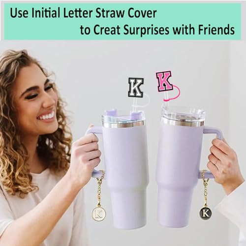 Straw Cover Caps with Personalized Initial Charms - Letter K