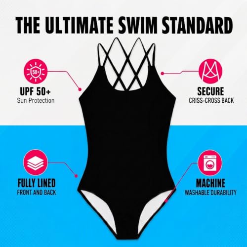 Reese UPF 50 Criss-Cross One Piece Swimsuit - Solid Black, Girls