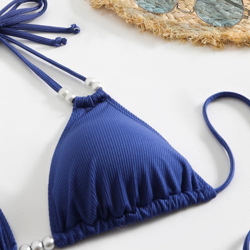 Women's 2 Piece Triangle Bikini Set with Pearl Details - Small Blue