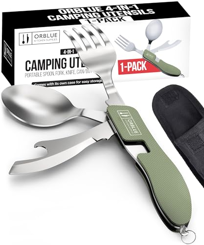 4-in-1 Camping Utensils Set - Portable Stainless Steel Cutlery, Olive Green