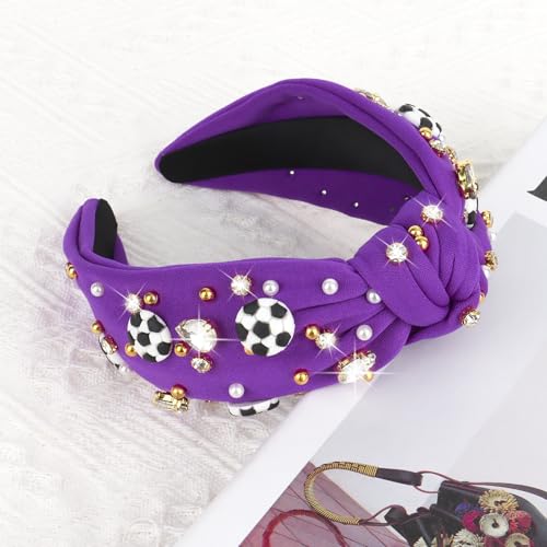 Wide Knotted Soccer Headband for Women - Purple Rhinestone Game Day Accessory
