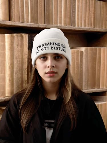 Book Lover Embroidered Beanie Hat - Reading Gift for Bookworms - White
