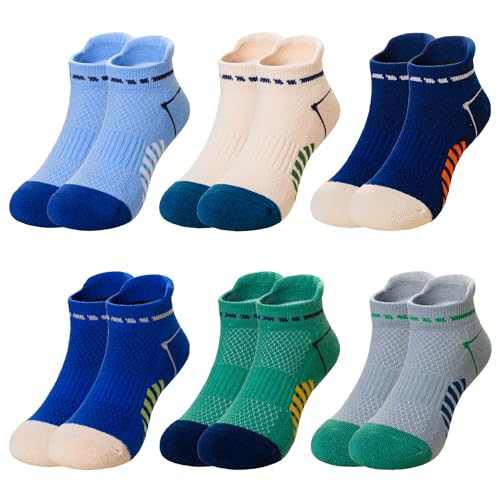 Eyean Boys Athletic Ankle Socks 6 Pairs Kids Cotton Low Cut Sport Socks - Age 9-12, Blue/Grey/Beige