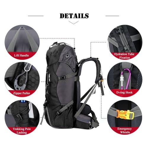 Bseash 60L Waterproof Hiking Backpack with Rain Cover – Black Large Daypack for Camping