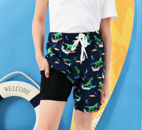 Boys Quick-Dry Swim Trunks with Compression Liner - Pink Fish, 5-6 Years
