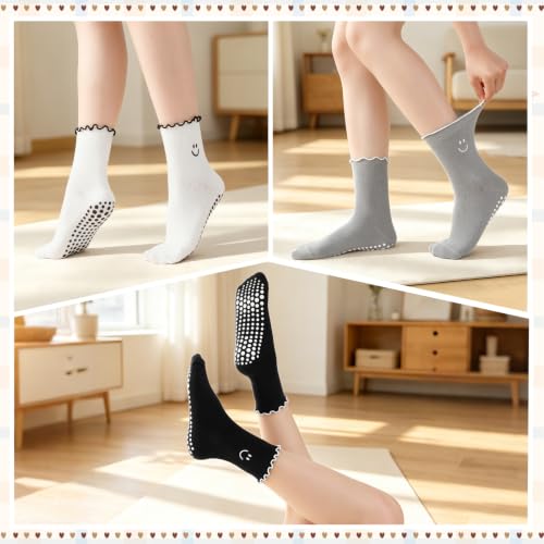 Pilates Socks for Women - Non Slip Yoga Socks, 3 Pairs - White, Black, Grey