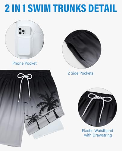 Gleeease Men's 9 Inch Swim Trunks with Compression Liner - X-Large Gradient Palm Tree