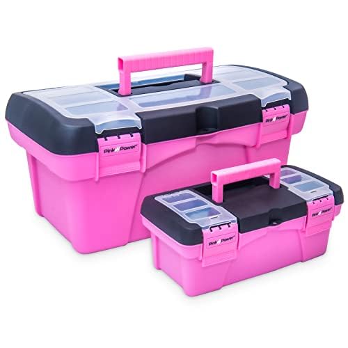 Pink Tool Box for Women - Sewing, Art & Craft Organizer Small & Large Plastic Tool Box with Handle - Pink Toolbox Sewing Tool Storage Box - Portable Mini Locking Tool Boxes (2 Pack)