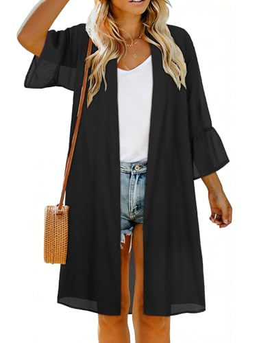 Women’s Summer Puff Sleeve Kimono Cardigan - Solid Black, Medium
