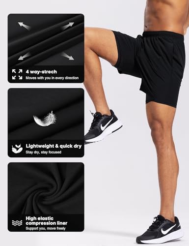 Men's 2 in 1 Running Athletic Shorts - 5 Inch Inseam, Quick Dry, Medium / Black
